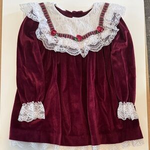 Elegant Burgundy Velvet Kids Dress with Lace Trim